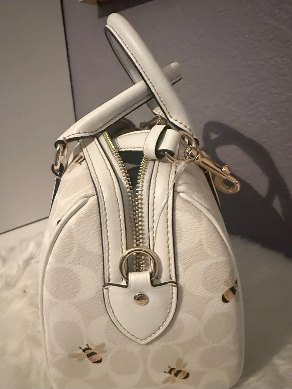 Coach White Bee Print Satchel with Gold Hardware